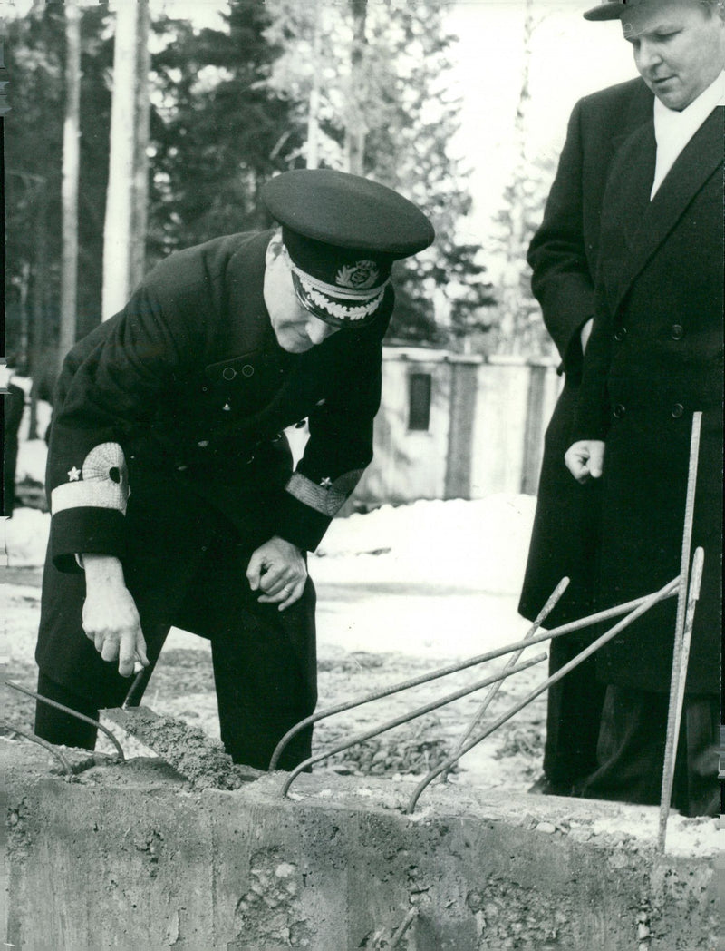 Celebration ceremony when the naval chief murders a green time capsule into the foundation of a new barracks building - Vintage Photograph