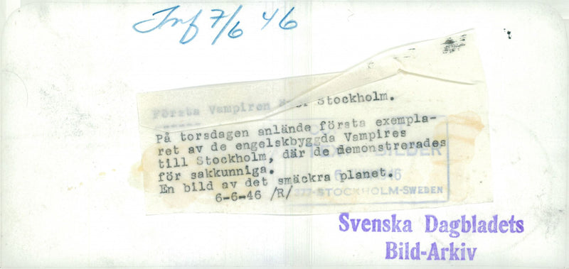 The first-built copy of the English-built plane "Vampire" - 6 June 1946 - Vintage Photograph