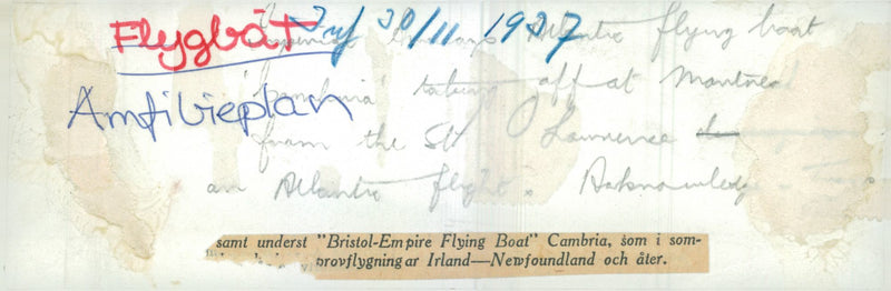 Bristol-Empire amfibieflygplanet "Cambria" which this summer will test flights Ireland to Newfoundland and back. - 30 November 1937 - Vintage Photograph