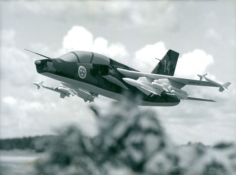 SAAB fighter aircraft makes test flight. - Vintage Photograph