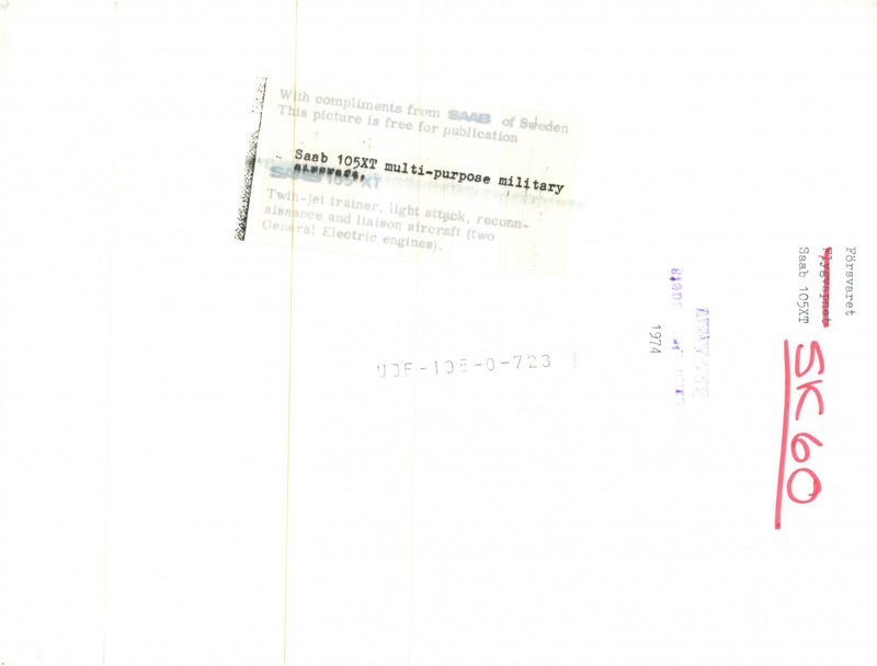 A Saab 105XT two-seater jet aircraft in the air. - Vintage Photograph