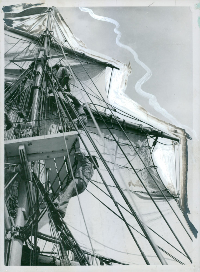 Exercise vessel Najaden, the navy crew is seen climbing the mast - Vintage Photograph