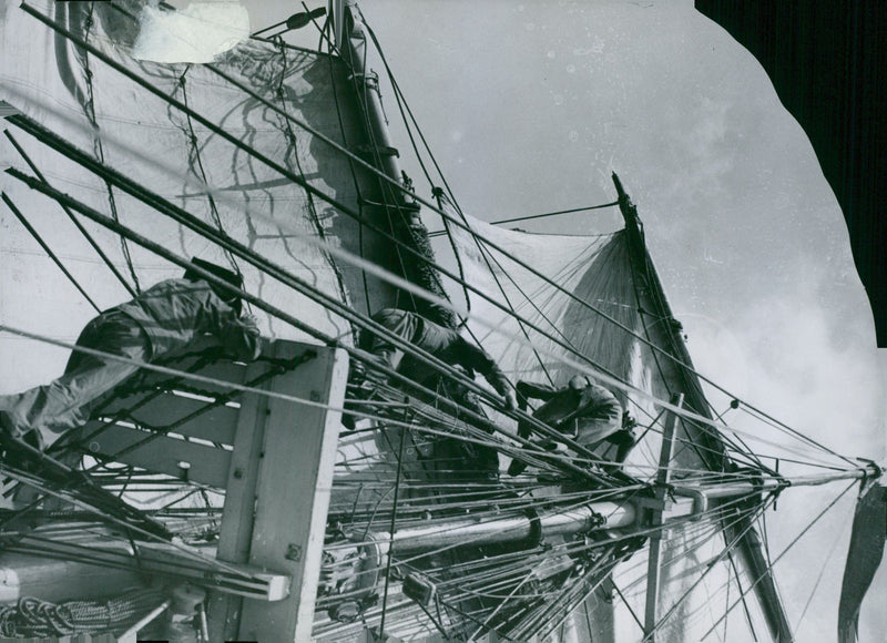 Exercise vessel Najaden, crew climb up the mast - Vintage Photograph