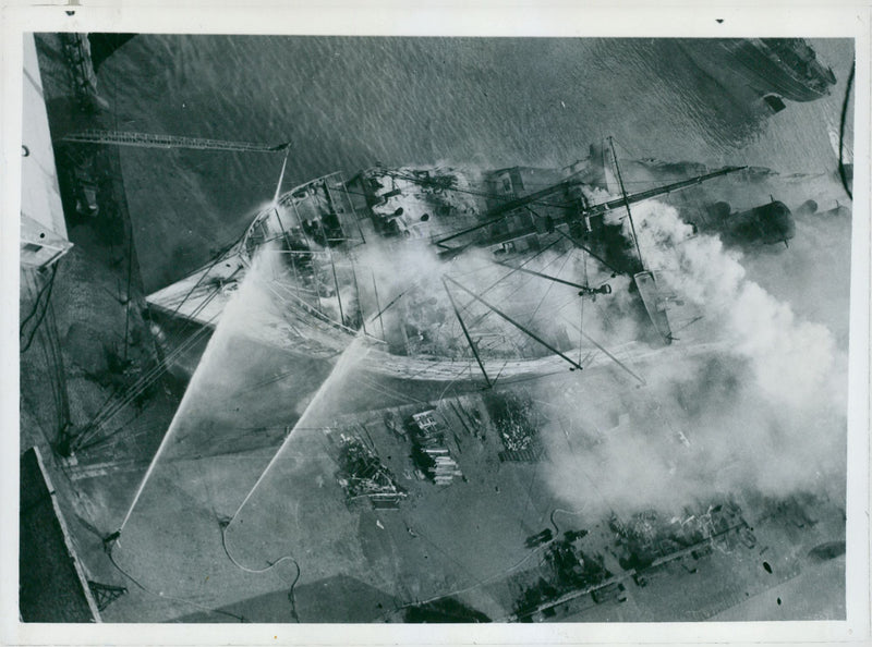 The fire aboard the American line 'Drottningholm' in Liverpool Docks - 6 March 1946 - Vintage Photograph