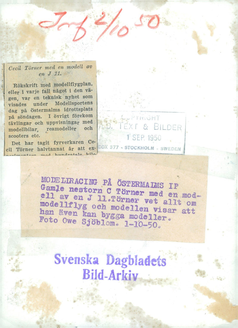 Model Racing at Ãstermalm Stadium. Here Mr C TÃ¶rner shows off a model of a J11. - Vintage Photograph