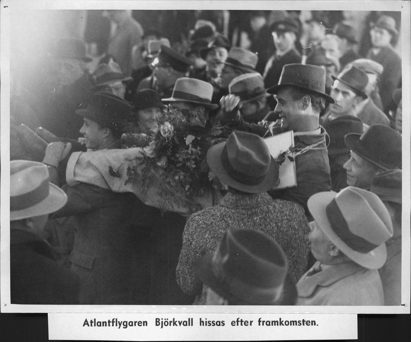 BjÃ¶rkvalls  Atlantic flight, here he was hoisted into the air on arrival - Vintage Photograph
