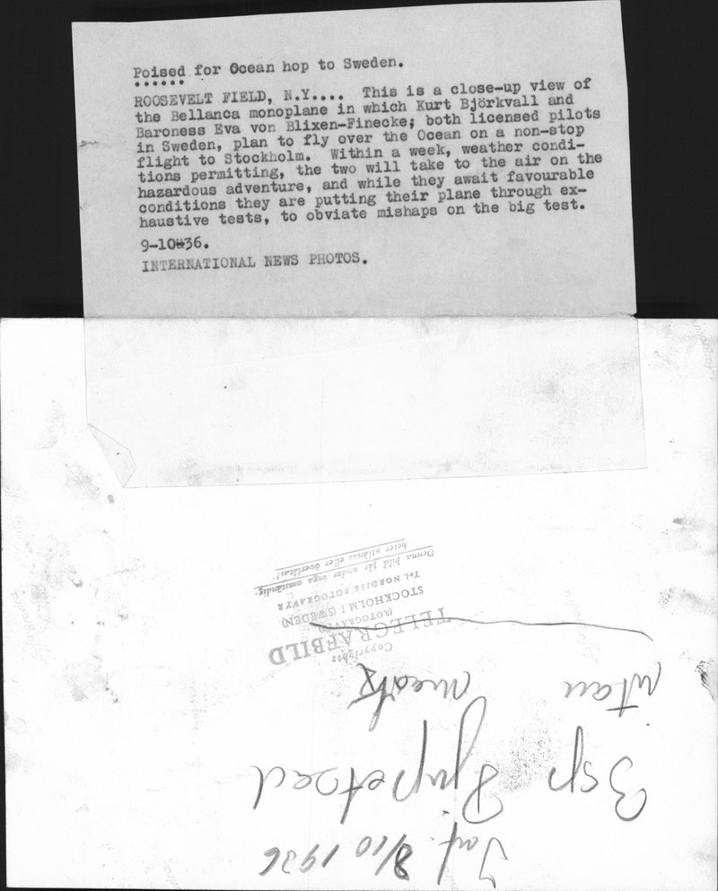 This is a close-up view of the Bellanca monoplane In which Kurt BjÃ¶rkvall and Baroness Eva von Blixen-Finecke; Both licensed pilots in Sweden. - 9 October 1936 - Vintage Photograph