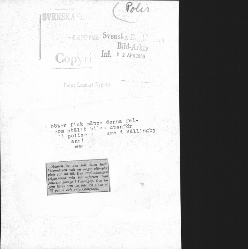 The car is illegally parked outside the police station in VÃ¤llingby receive fines - Vintage Photograph