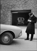 The car is illegally parked outside the police station in VÃ¤llingby receive fines - Vintage Photograph