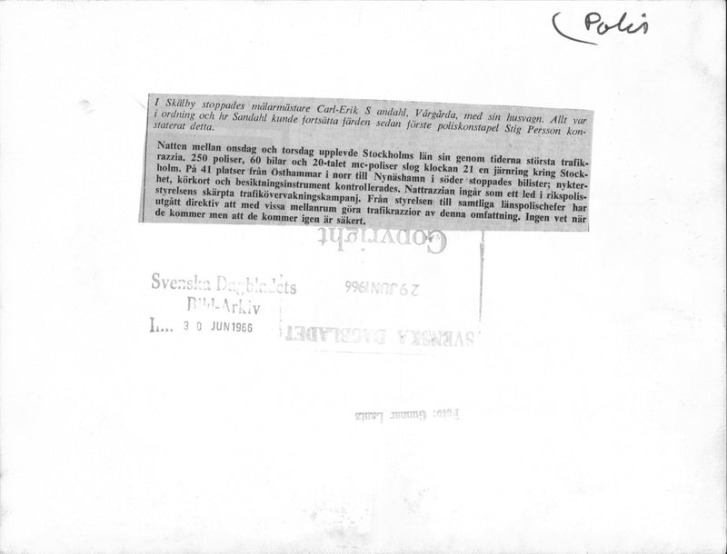 A caravan has been stopped and checked in Stockholm county's biggest ever road block. - Vintage Photograph