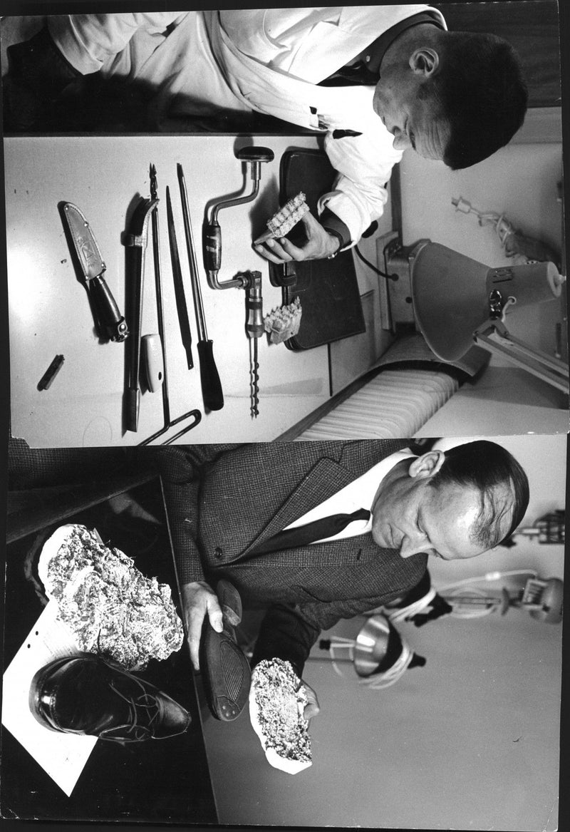 Criminal commissioner Svensson with a murderer's shoe and imprint, as well as criminal assistant Helin with burglary tools from revealed gold thieves - Vintage Photograph