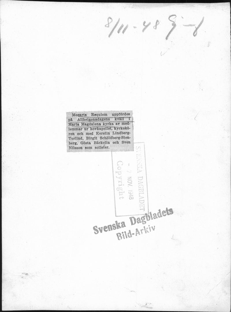 Mozart's Requiem Concert All Saints Mary Magdalene Church Stockholm - 7 November 1948 - Vintage Photograph
