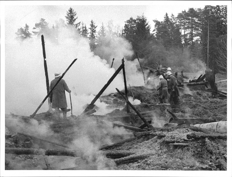 Barn burned down in an aircraft accident involving firefighters to extinguish the fire - Vintage Photograph