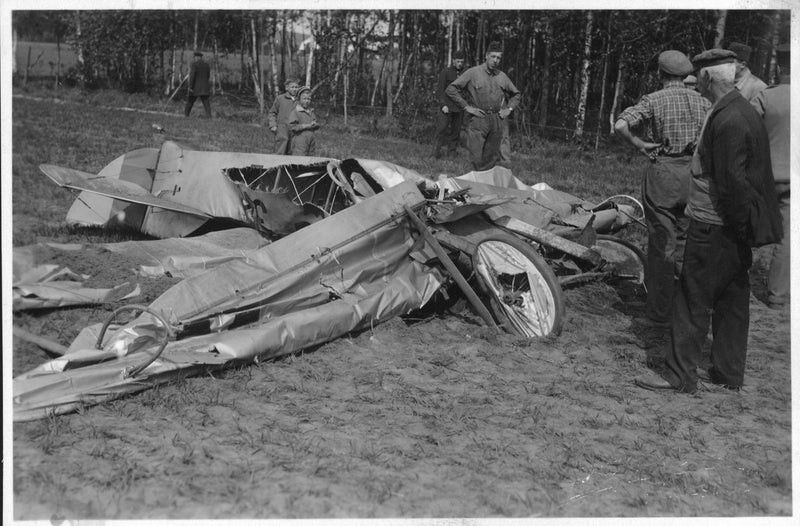 Lieutenant B. Lindhags crashed flying machine in tatters at aircraft accident - Vintage Photograph