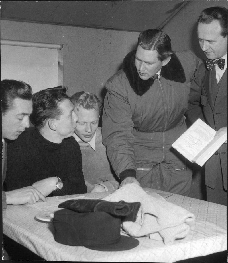 Osterman Helicopter School Captain Grimskog in the middle with two students O. Hansson Ingemar EhrenstrÃ¶m. - Vintage Photograph