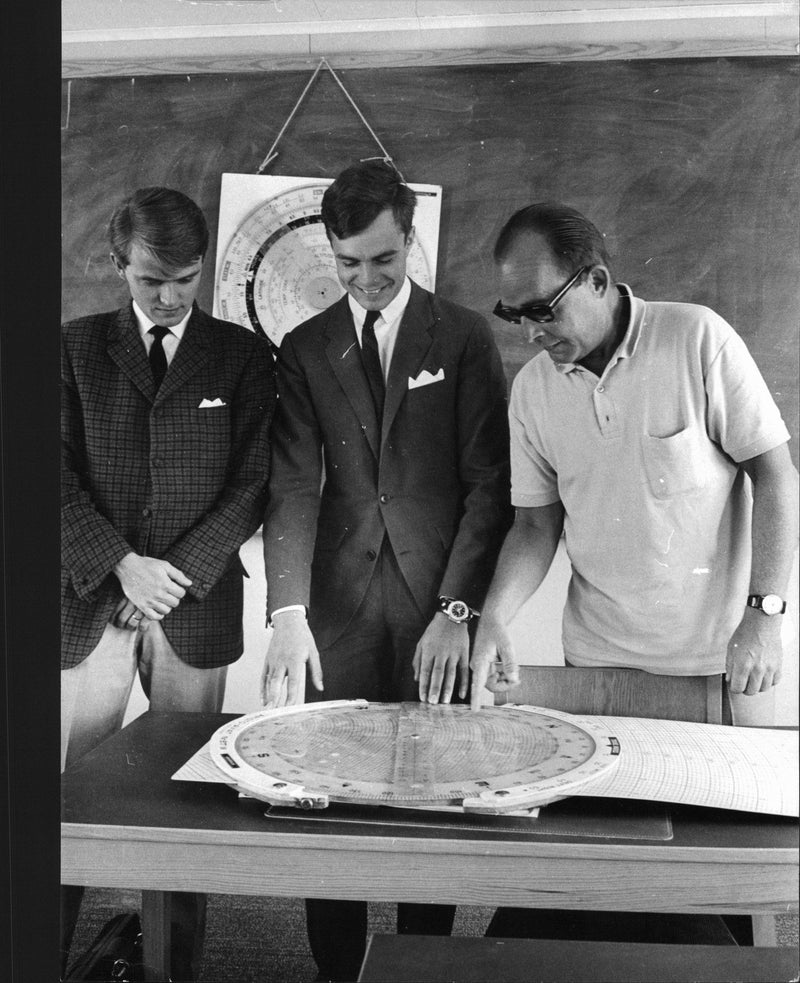 Flight Students and teacher studying a navigation disc. - Vintage Photograph