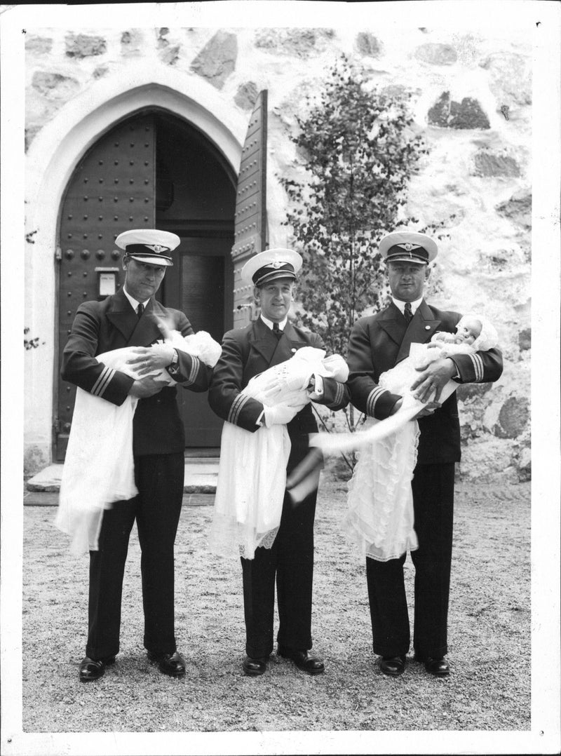 Three captains baptize their children in Bromma church. - Vintage Photograph