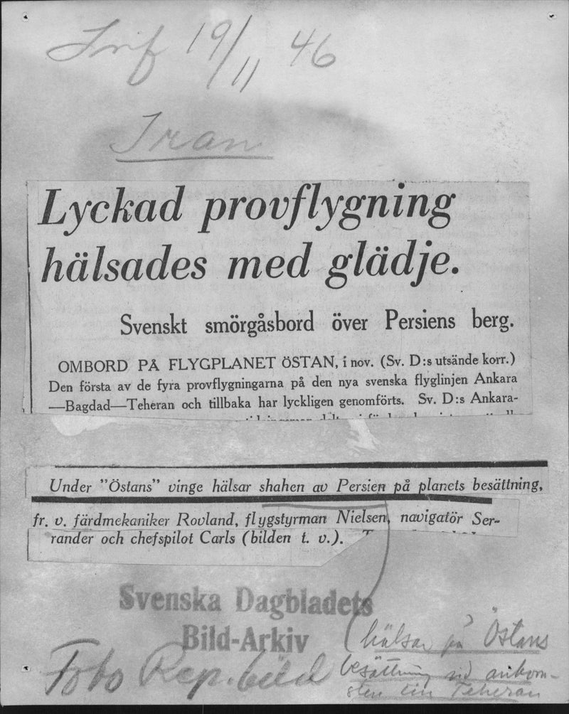 The first of four test flights of the new Swedish route -Bagdad Ankara-Tehran and back have happily carried out - Vintage Photograph