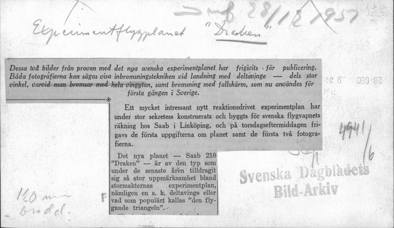 The experiement aircraft Saab 210 'Draken' during trials of the braking parachute. - Vintage Photograph