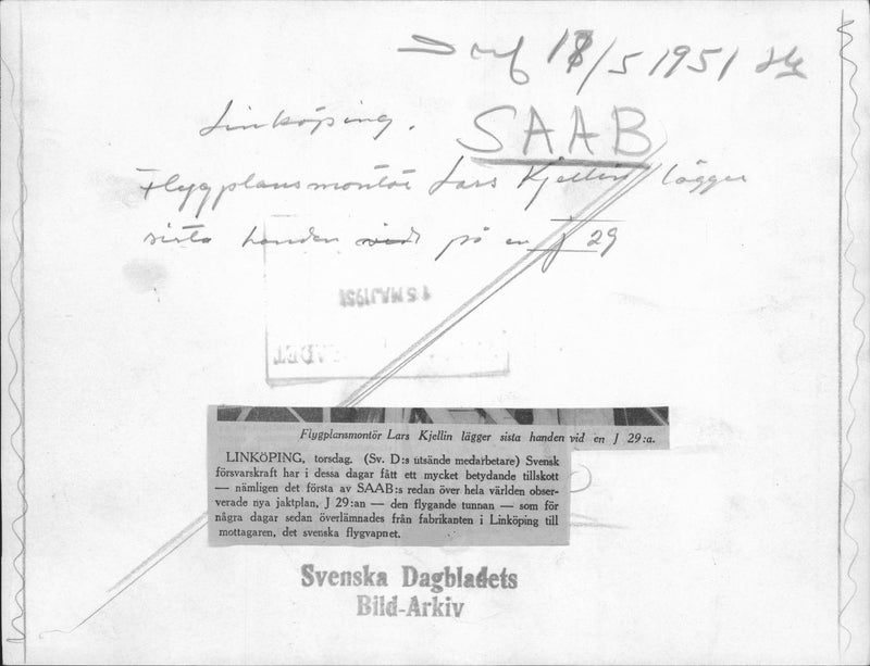 Aircraft Mechanic Lars Killin finalize Saab's fighter J 29. - Vintage Photograph