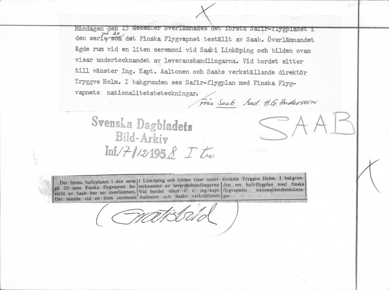 Captain Aaltonen and Saab's CEO Tryggve Holm signing of delivery documents - Vintage Photograph