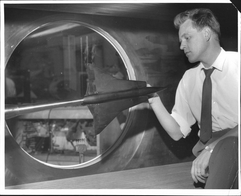 Engineer Lars Grandin in the Aeronautical Research Institution wind tunnel. - Vintage Photograph