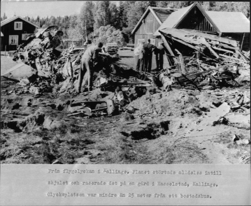 From the plane crash in Kallinge, the Lansen plane crashed next to the shed and destroyed it at a farm, the accident was less than 25 meters from a residential building. - Vintage Photograph