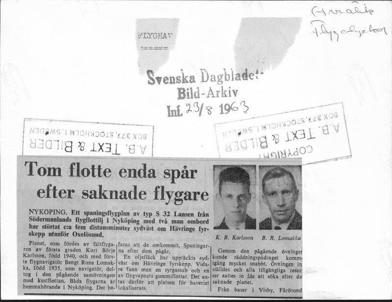 Field pilots KB Karlsson and BR Lomakka were missing a plane accident in the S32 Lansen plane - Vintage Photograph