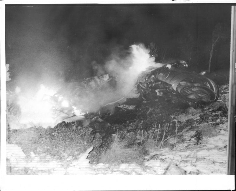 The burning wreckage after the accident-damaged Saab 35 Draken plane - Vintage Photograph