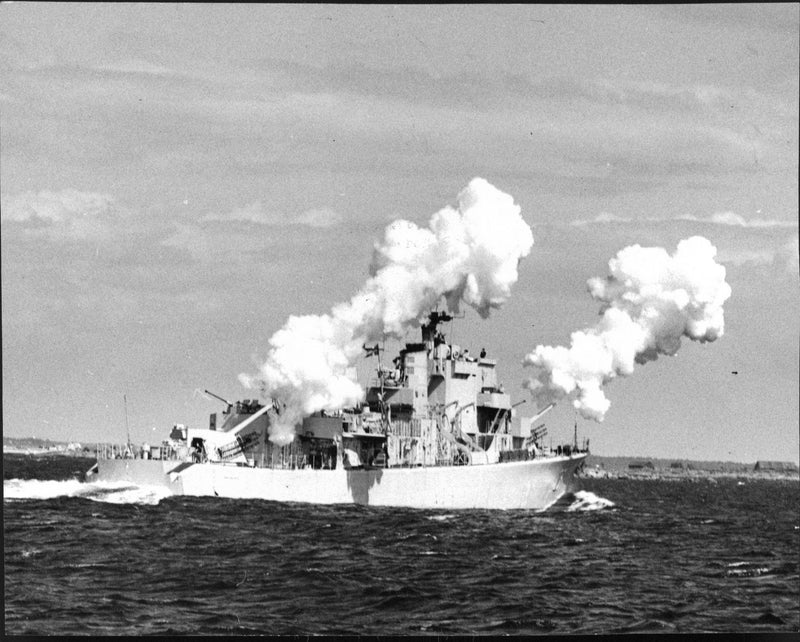 Jagaar HÃ¤lsingland in action during shooting with ship chief commander Eriksson, artillery officer Captain Granath and Fire Officer Lieutenant Werin - Vintage Photograph