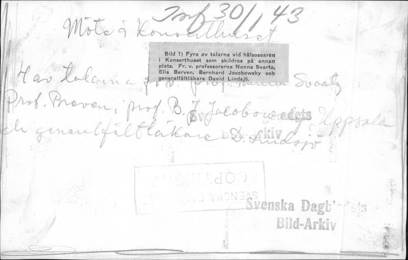 Four of the speakers at the health scene in the Concert Hall: Nanna Svartz, Elis Berven, Bernhard Jacobowsky and David LindsjÃ¶ - 30 January 1943 - Vintage Photograph