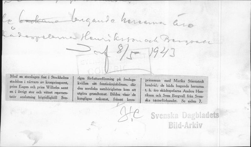 Crown Princess and Marika Stiernstedt arrive at the Swedish Writers' Association Golden Jubilee - 8 May 1943 - Vintage Photograph