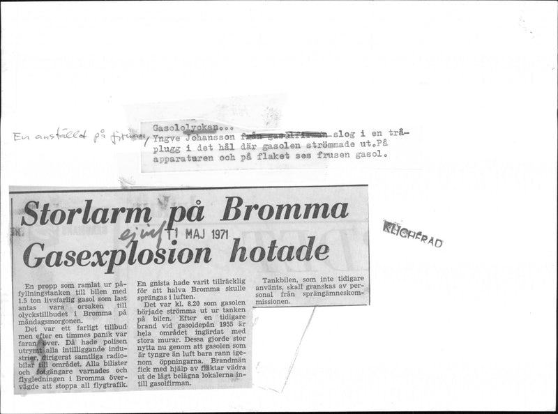 Gasexplosions danger at Bromma, a plug had fallen out filling the tank - Vintage Photograph