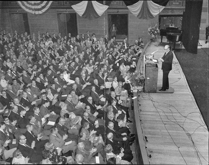 Tage Erlander at the podium during the Social Democratic Party Congress at the Concert Hall. - Vintage Photograph