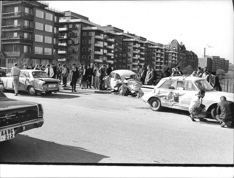 Traffic accident with seven parked cars demolished by a tanker truck on Klaraberg trail - Vintage Photograph