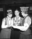 Rita Ritums, Inese Vilkacis and Rasma Salts in their beautiful Latvian costumes at the national day celebrations in the Concert Hall - Vintage Photograph