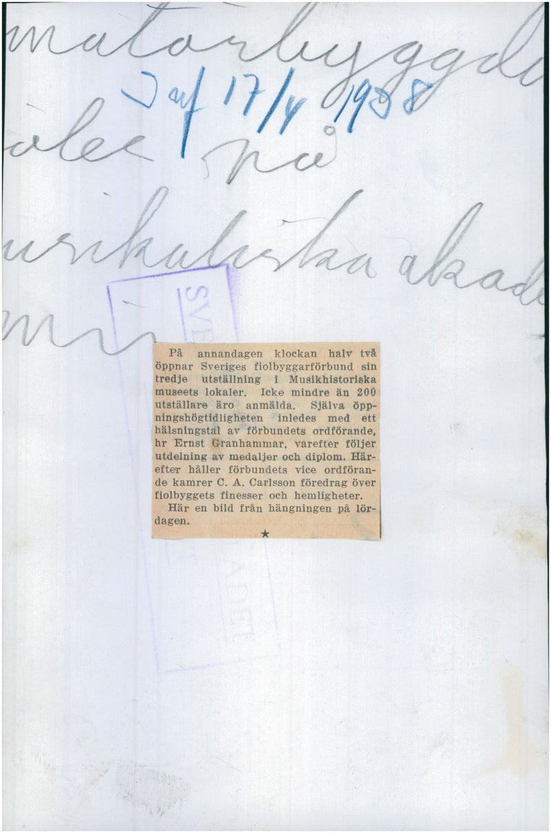 Sweden&#39;s violin association has its third exhibition at the musical museum&#39;s premises - 17 April 1938 - Vintage Photograph