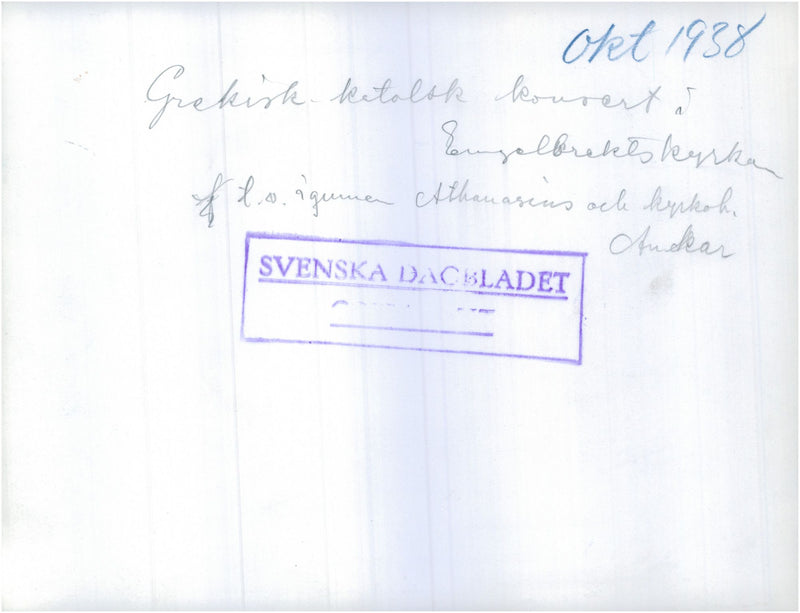 Greek Catholic concert in Engelbrektskyrkan. Tv iguma Athanasius and kyrkoherde Anckar. - 1 October 1938 - Vintage Photograph