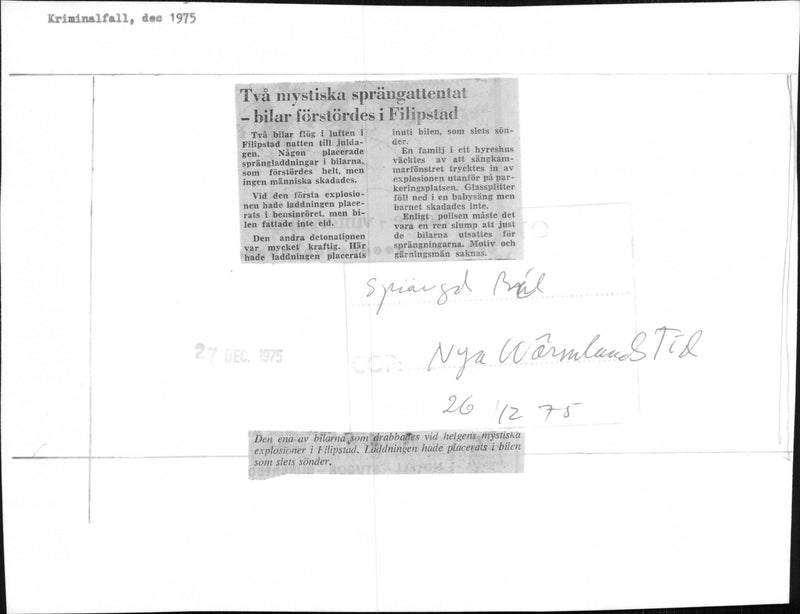 Two cars were completely destroyed when someone placed an explosive charge beneath them. No person was injured. - Vintage Photograph