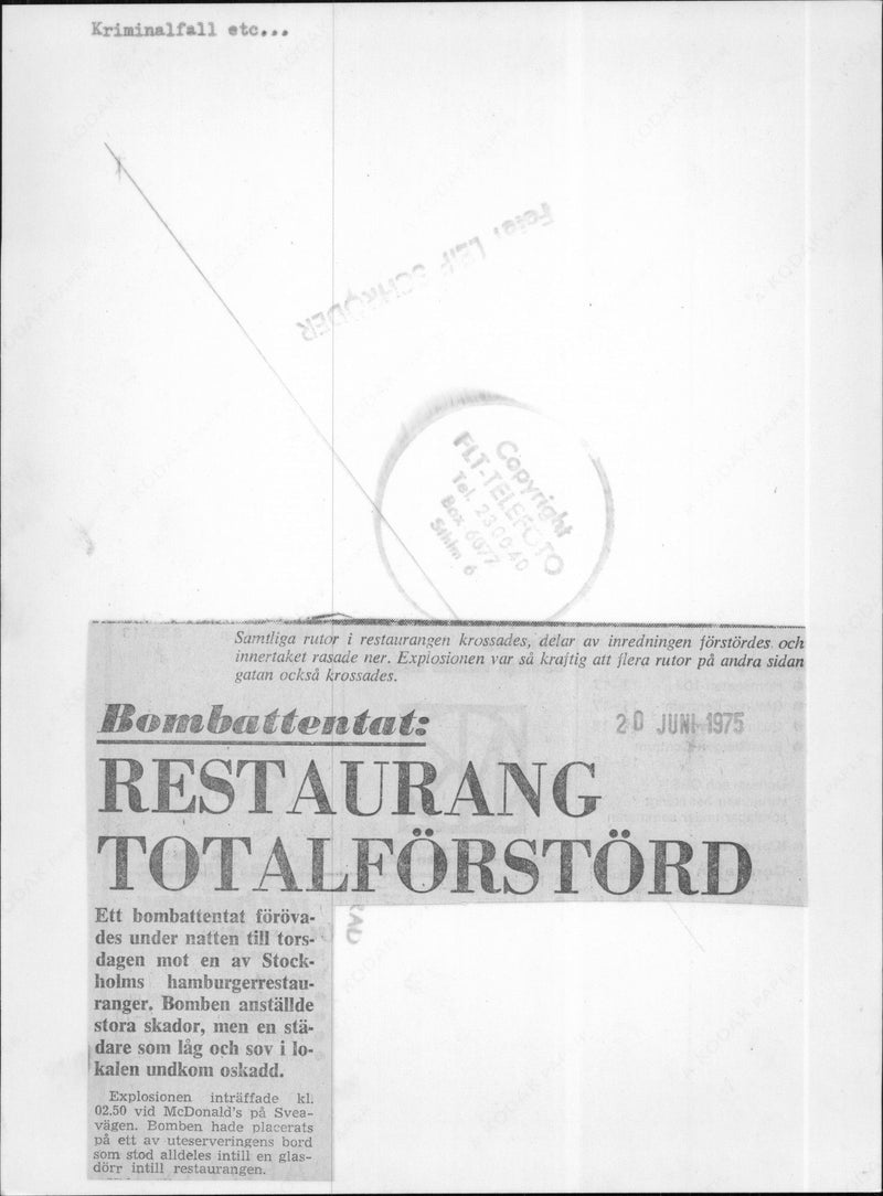 Bombattack mot McDonalds på Sveavägen. Alla rutor i restaurangen var trasiga, delar av dekoren förstördes och taket strimlad - Vintage Photograph