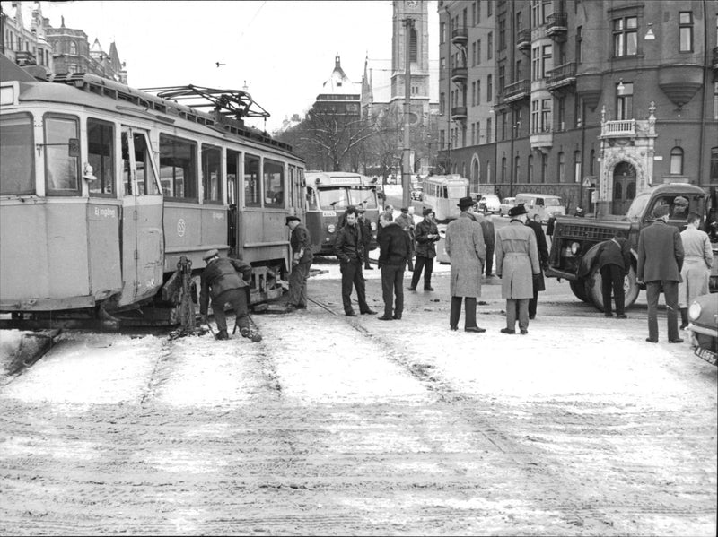 Tram thrown off track by tanker truck on Djurgårdsbron. - Vintage Photograph