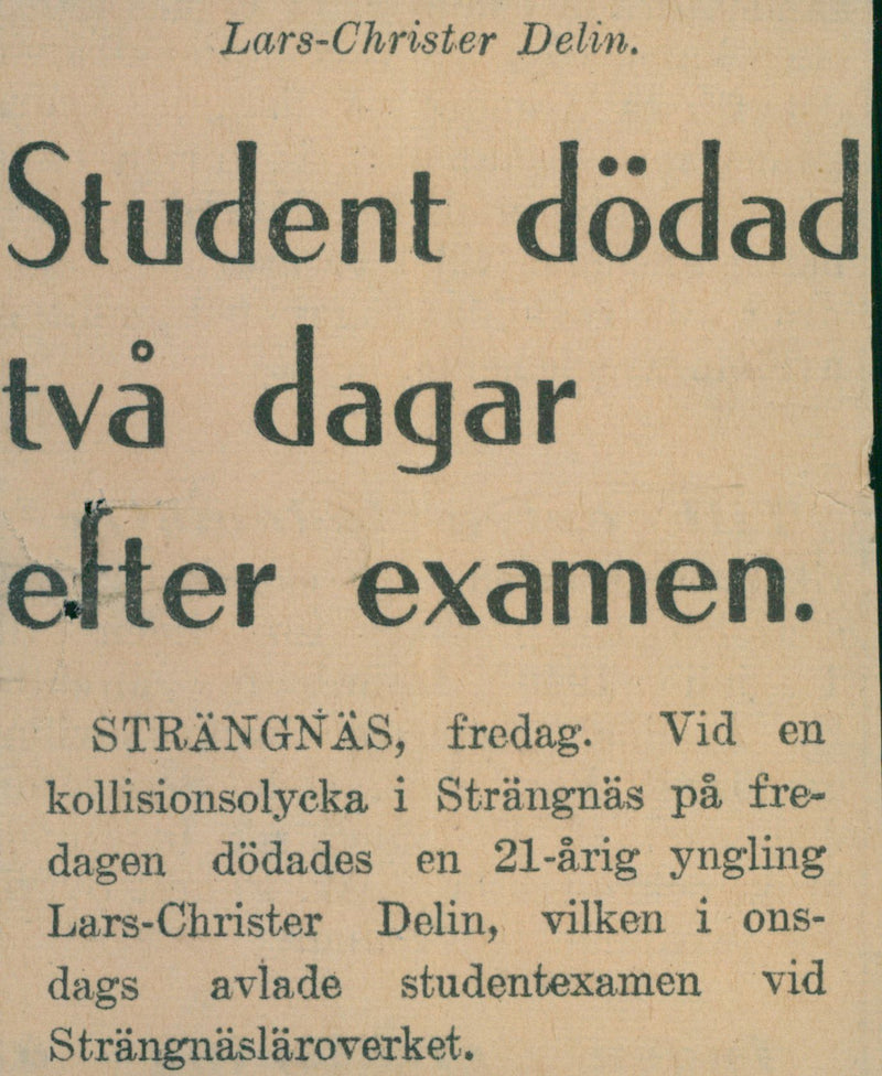 Newspaper article about the murder of Lars-Christer Delin - Year 1939 - Vintage Photograph