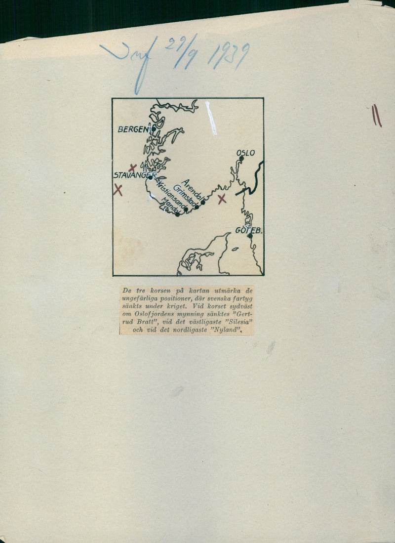 Illustrated map showing the positions of lower Swedish ships during the war - 29 September 1939 - Vintage Photograph