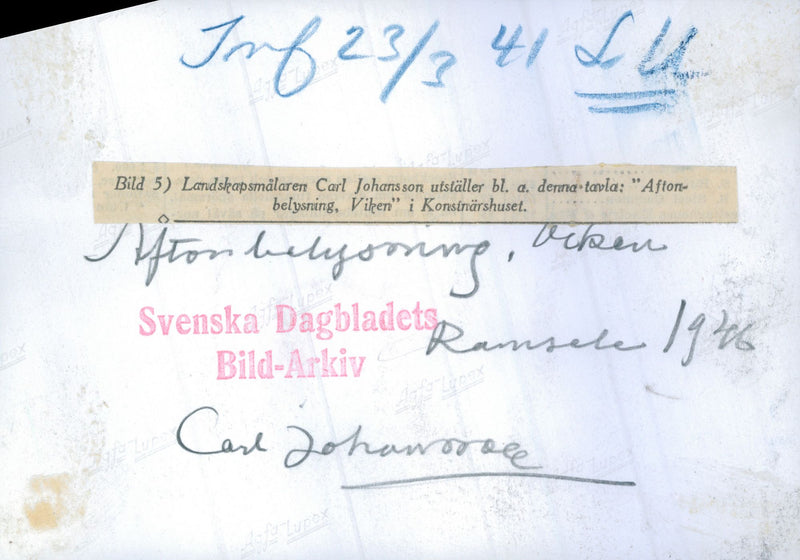 Landscape painter Carl Johansson's painting "Evening Light, Viken". Exhibition of Artist House - 23 March 1941 - Vintage Photograph