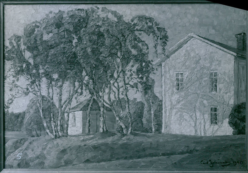 Landscape painter Carl Johansson's painting "Evening Light, Viken". Exhibition of Artist House - 23 March 1941 - Vintage Photograph