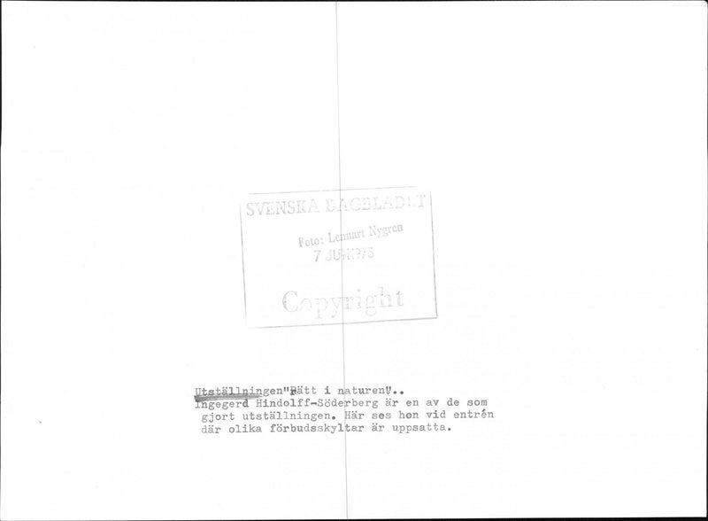 From the exhibition "Right in Nature". Ingegerd Hindolff-SÃ¶derberg is one of those who made the exhibition. Here she is seen at the entrance - Vintage Photograph