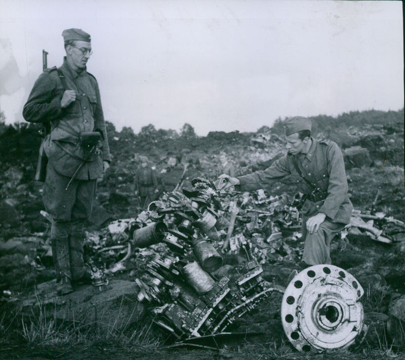 Investigation and disposal of the remains that were left after the wrecked planes that crashed earlier - 1 September 1944 - Vintage Photograph