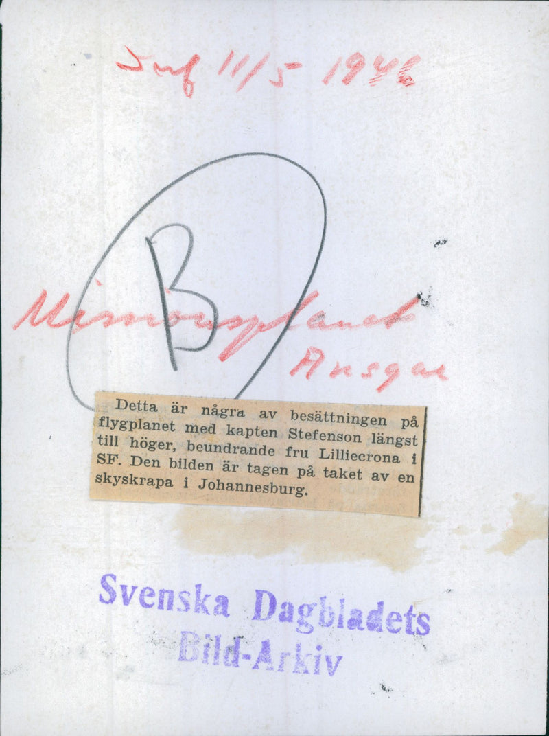 Picture of some of the crew on the plane with Captain Stefenson th - 11 May 1946 - Vintage Photograph