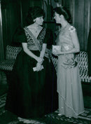 Queen Silvia in concert with Danielle Mitterand at the French presidential gala dinner - Vintage Photograph