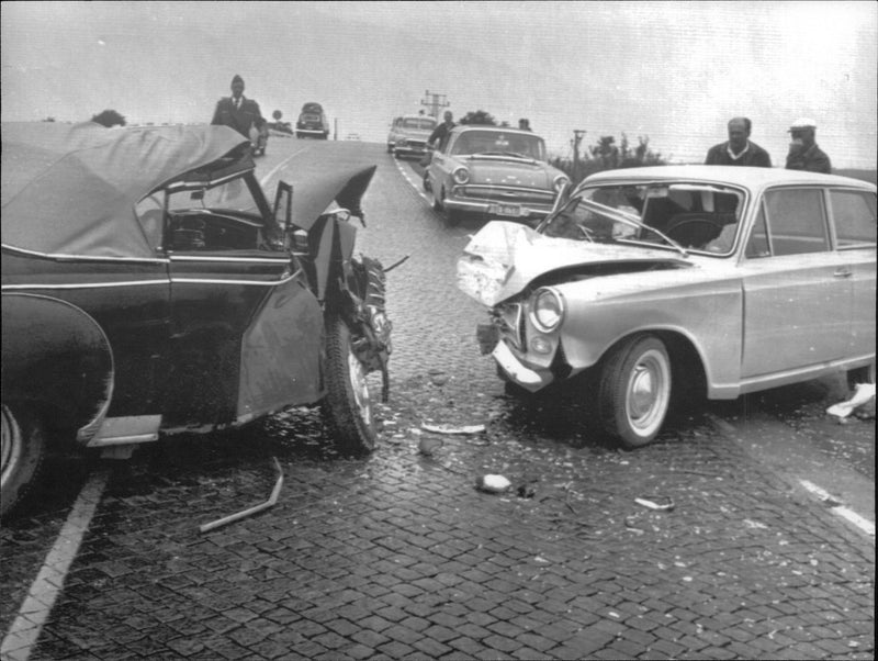 Heavily destroyed cars after a frontal collision on highway 15 - Vintage Photograph
